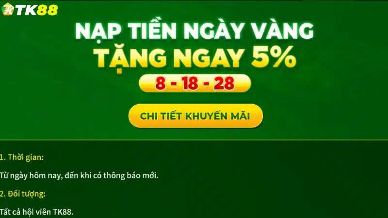 Nạp tiền ngày vàng tặng ngay 5%